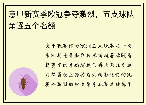 意甲新赛季欧冠争夺激烈，五支球队角逐五个名额
